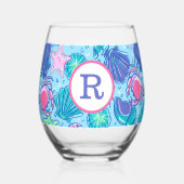 Preppy Beach Pink Crabs Muscheln Monogram Weinglas Ohne Stiel (Rückseite)
