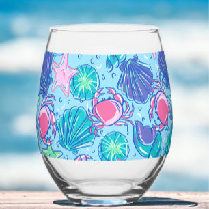Preppy Beach Pink Crabs Muscheln Weinglas Ohne Stiel