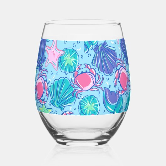 Preppy Beach Pink Crabs Muscheln Weinglas Ohne Stiel (Rückseite)