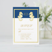 Preppy Beach Seepferd Navy Gold Wedding RSVP (Stehend Vorderseite)