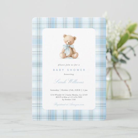 Preppy Bear Baby Shower Boy Einladung (Stehend Vorderseite)