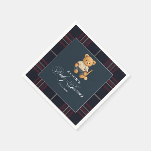 Preppy Bear Baseball Navy Blue Baby Dusche Napkins Serviette (Ecke)