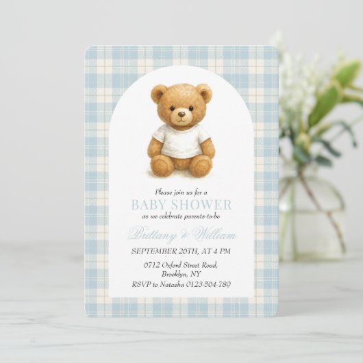 Preppy Bear Blue Kariert Arch Baby Dusche Einladung (Stehend Vorderseite)