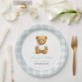 Preppy Bear Blue Kariert Modern Baby Dusche Pappteller