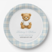 Preppy Bear Blue Kariert Modern Baby Dusche Pappteller (Vorderseite)