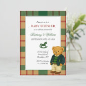 Preppy Bear Christmas Kariert Babydusche Einladung (Stehend Vorderseite)