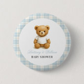 Preppy Bear Designer Blue Kariert Baby Dusche Button (Vorderseite)