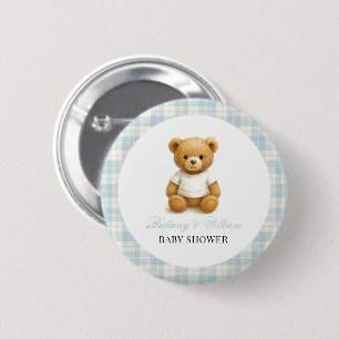 Preppy Bear Designer Blue Kariert Baby Dusche Button