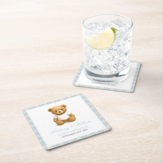 Preppy Bear Designer Blue Kariert Baby Dusche Rechteckiger Pappuntersetzer (Vor Ort)