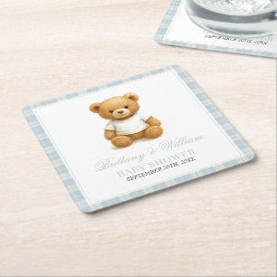 Preppy Bear Designer Blue Kariert Baby Dusche Rechteckiger Pappuntersetzer