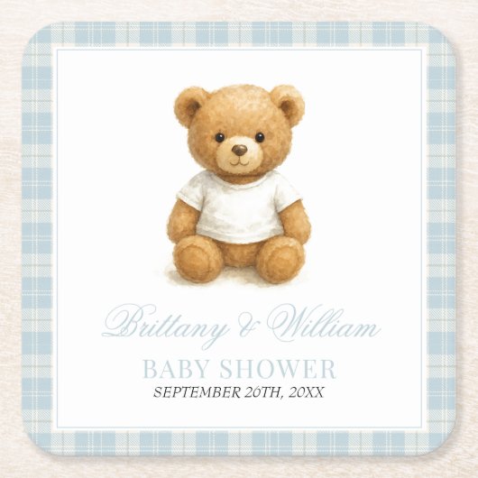 Preppy Bear Designer Blue Kariert Baby Dusche Rechteckiger Pappuntersetzer (Vorderseite)