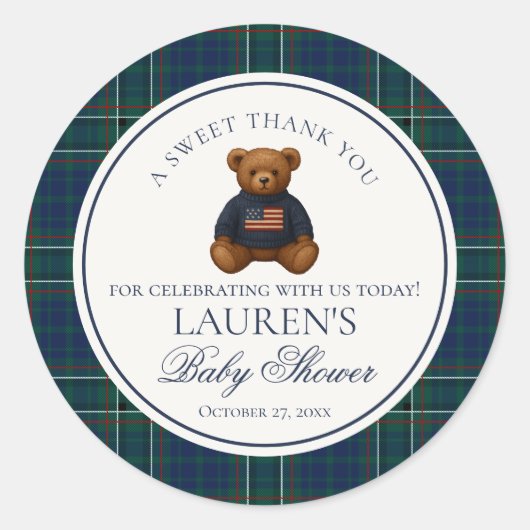Preppy Bear Tartan Plaid Boy Baby Shower Circle Runder Aufkleber (Vorderseite)