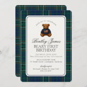 Preppy Bear Tartan Plaid Boy Beary First Birthday Einladung (Vorne/Hinten)