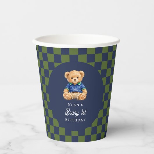 Preppy Beary 1. Geburtstag Schachbrett Pappbecher (Vorderseite)