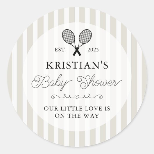 Preppy Beige Tennis Theme Chic Baby Shower Runder Aufkleber (Vorderseite)