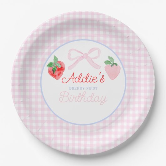 Preppy Berry First Birthday Watercolor Strawberrie Pappteller (Vorderseite)