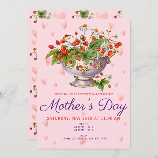 Preppy Berry First Mother's Day Wild Strawberry Einladung (Vorne/Hinten)