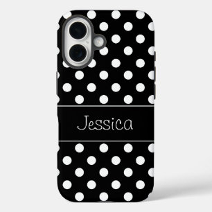 Preppy Black and White Polka Dots Personalisiert iPhone 16 Hülle