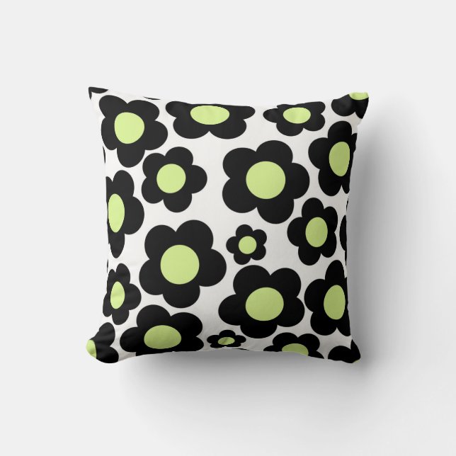 Preppy Black Neon Green Hippie Blume Pattern Kissen (Vorderseite)