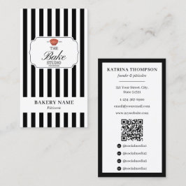 Preppy Black White Stripes Bakery Logo QR Code Visitenkarte