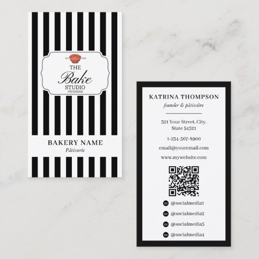 Preppy Black White Stripes Bakery Logo QR Code Visitenkarte (Vorne/Hinten)