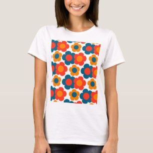 Preppy Blau Orange Hippie Blumenmuster   T-Shirt
