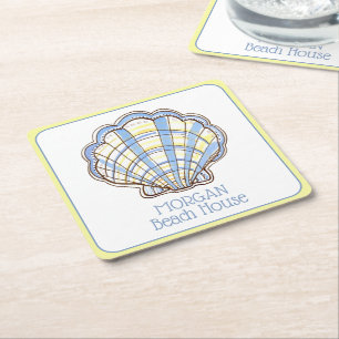 Preppy Blau und Gelb Kariert Scallop Muschel Rechteckiger Pappuntersetzer