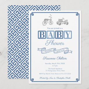 Preppy Blaue & Weiße Vintage-Spielzeuge Baby Showe Einladung