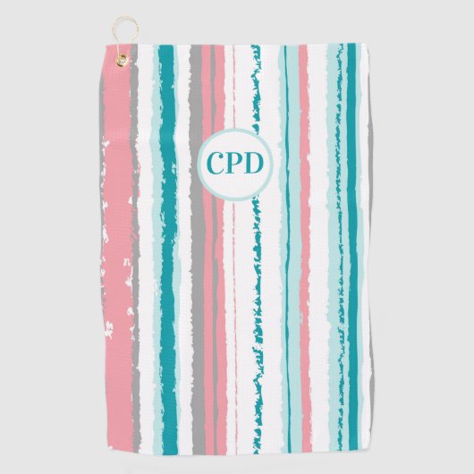 Preppy Blue and Pink Striping Mit Monogramm Golf Golfhandtuch (Vorderseite)