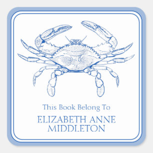 Preppy Blue and White Crab Buchzeichen Quadratischer Aufkleber