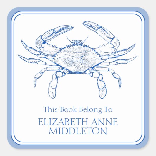 Preppy Blue and White Crab Buchzeichen Quadratischer Aufkleber (Vorderseite)