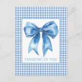 Preppy Blue and White Gingham Plaid and Bow Postkarte (Vorderseite)