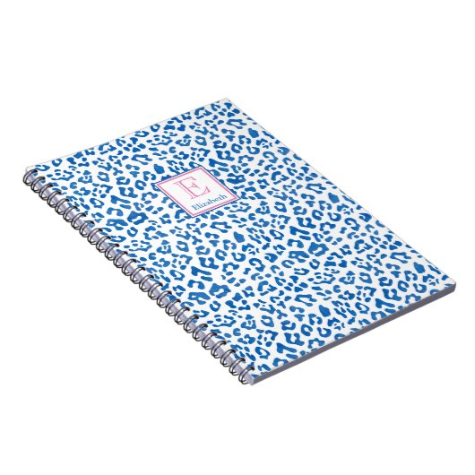 Preppy Blue and White Leopard Print Mit Monogramm Notizblock (Rechte Seite)