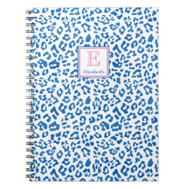 Preppy Blue and White Leopard Print Mit Monogramm Notizblock
