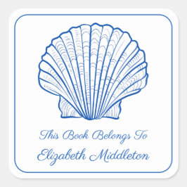 Preppy Blue and White Muschel Buchzeichen Quadratischer Aufkleber