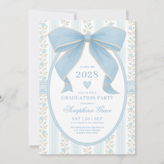 Preppy Blue Bow Cotattacore Graduation Party Einladung (Vorderseite)