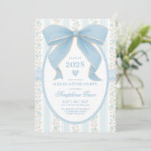 Preppy Blue Bow Cotattacore Graduation Party Einladung (Stehend Vorderseite)