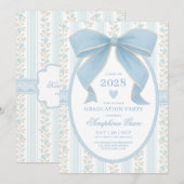 Preppy Blue Bow Cotattacore Graduation Party Einladung (Vorne/Hinten)