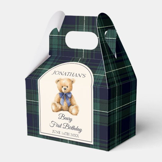Preppy Blue Bow Teddy Bear Tartan Birthday  Geschenkschachtel (Vorderseite)