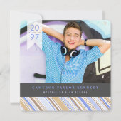 Preppy Blue Button Stripes Foto Graduation Party Einladung (Vorderseite)