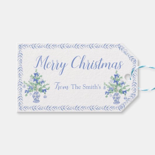 Preppy Blue Chinoiserie Christmas Tree Ginger Jars Geschenkanhänger (Vorderseite (Horizontal))