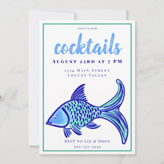 Preppy Blue Fish Cocktail Party Einladung (Vorderseite)