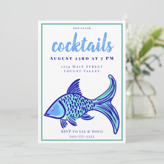 Preppy Blue Fish Cocktail Party Einladung (Stehend Vorderseite)