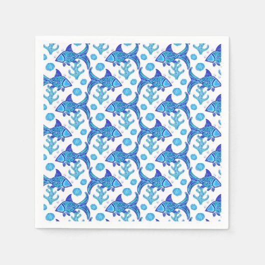 Preppy Blue Fish Muster Küstenstil Serviette (Vorderseite)