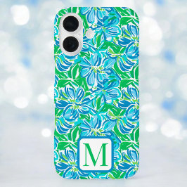 Preppy Blue Flowers Monogram iPhone 16 Hülle