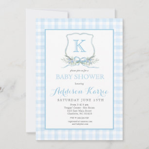 Preppy Blue Gingham Wappen Baby Shower Einladung