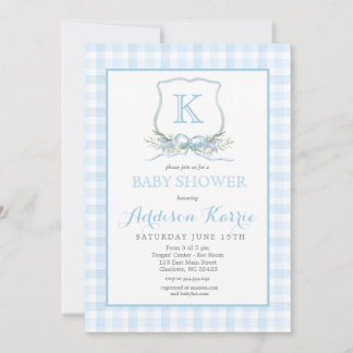 Preppy Blue Gingham Wappen Baby Shower Einladung
