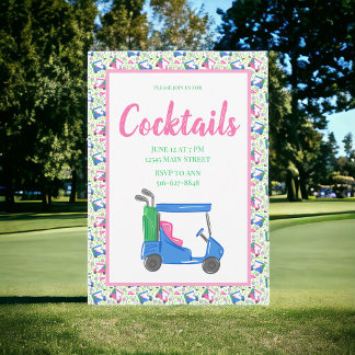 Preppy Blue Golf Cart Cocktail Party Border Einladung
