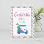 Preppy Blue Golf Cart Cocktail Party Border Einladung (Stehend Vorderseite)