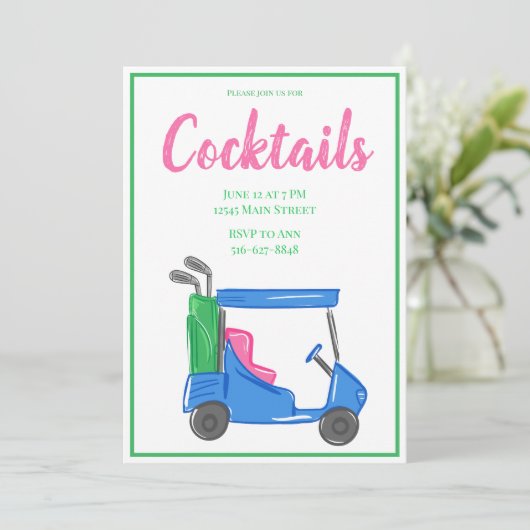 Preppy Blue Golf Cart Cocktail Party Einladung (Stehend Vorderseite)